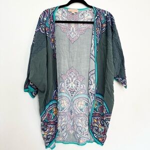 Peach Puff Kimono Top Shirt small Medium Green Floral Blouse Casual Ladies